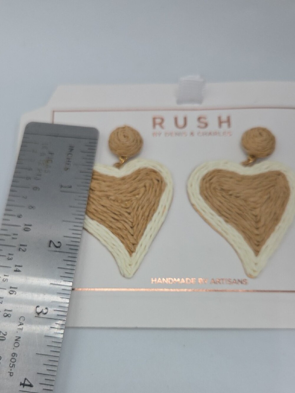5 for $25! RUSH by Denis & Charles Heart Raffia Drop Earrings — Tan & Cream - Picture 5 of 5